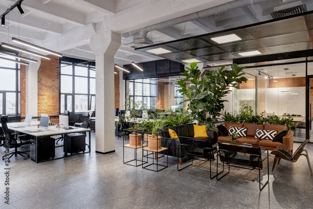 modern loft office interior with furniture